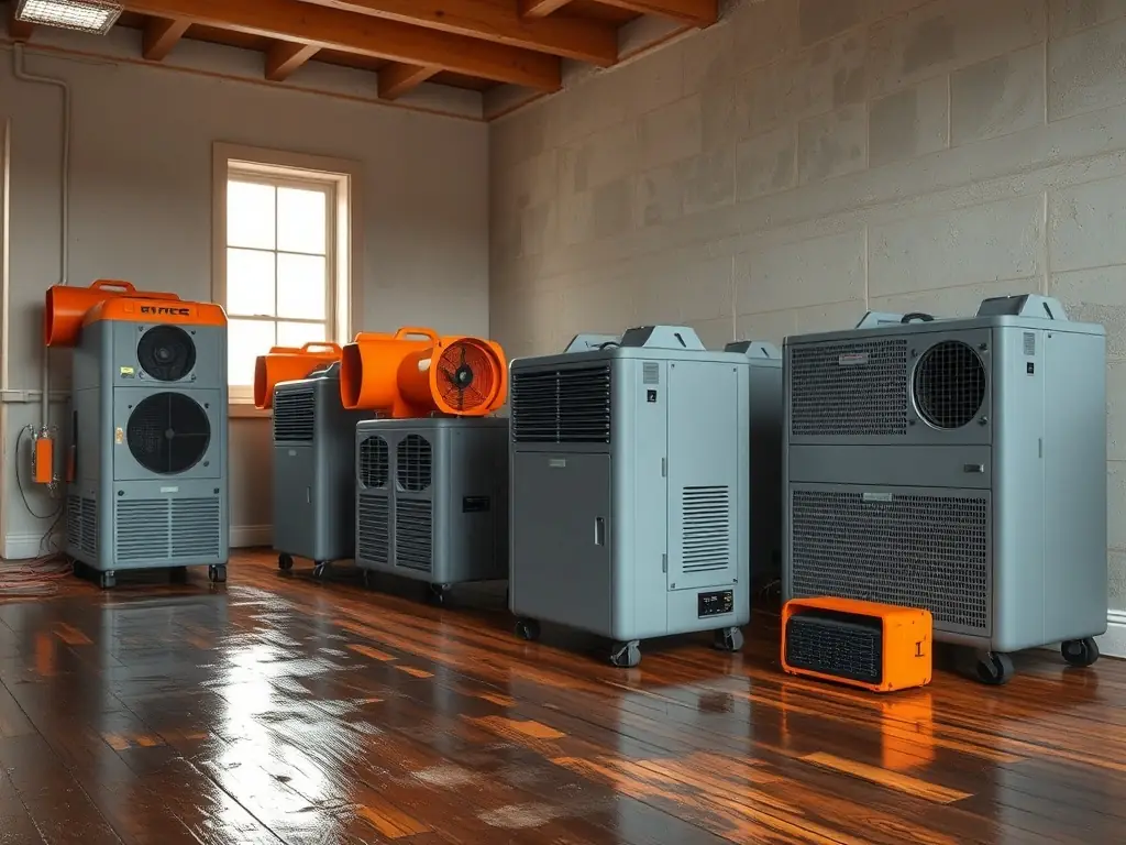 An image of industrial-grade dehumidifiers and air movers drying out a water-damaged room, illustrating the structural drying process.
