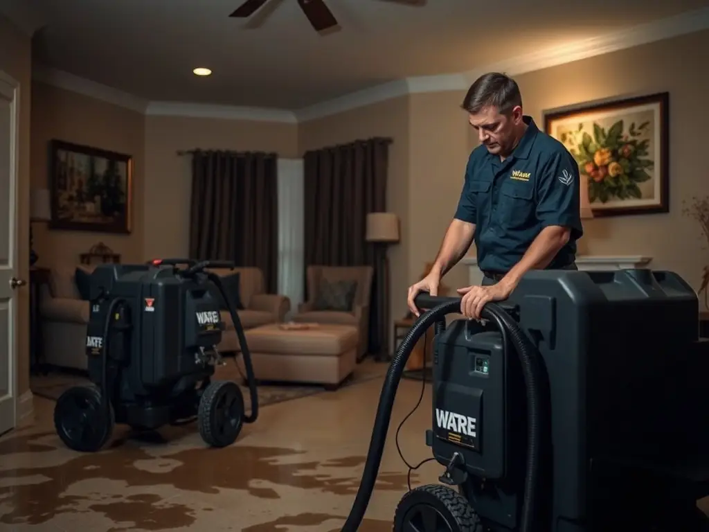 A picture of a TWM Water Damage Restoration Charlotte certified technician operating advanced water extraction equipment in a residential setting. The technician is focused and professional.