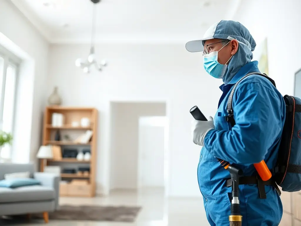 A photo of a TWM Water Damage Restoration Charlotte technician in full protective gear, inspecting a home for water damage with professional equipment. The setting is a clean, modern home interior.