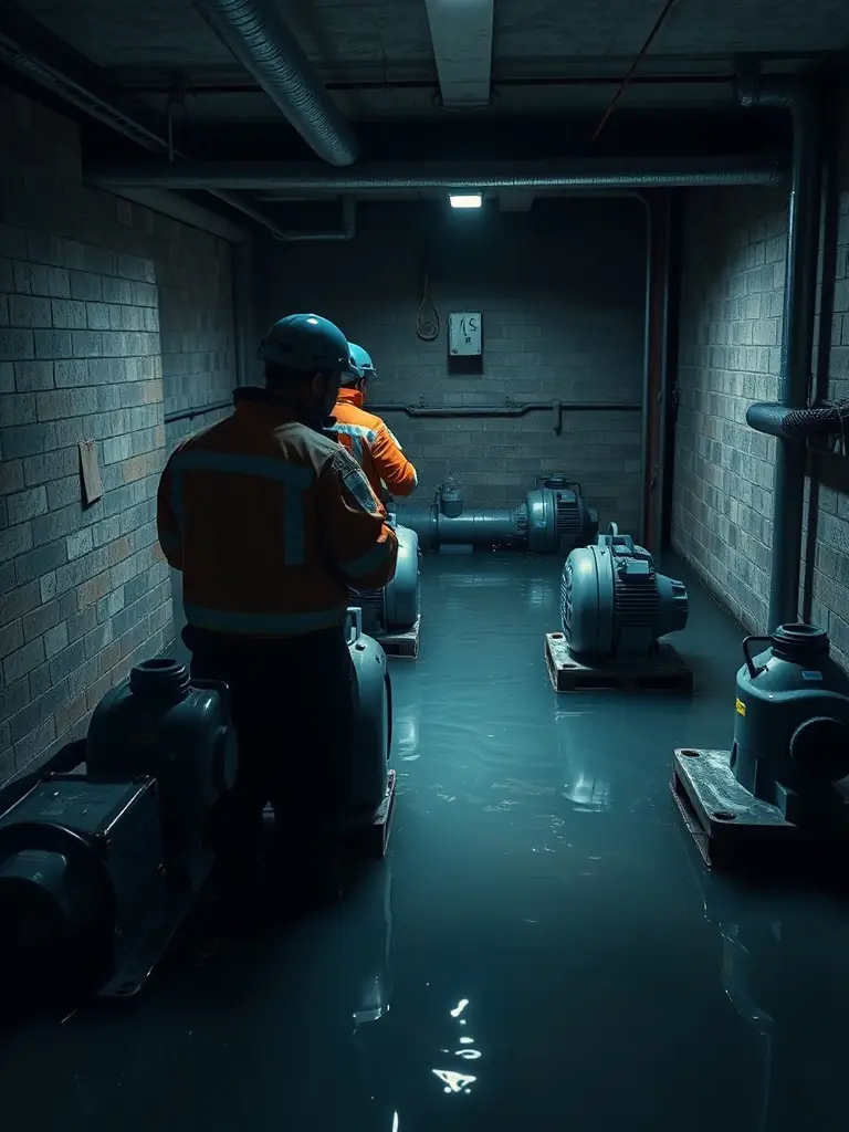 A photo showcasing emergency water extraction in a flooded basement, with technicians using professional-grade pumps and water removal equipment.