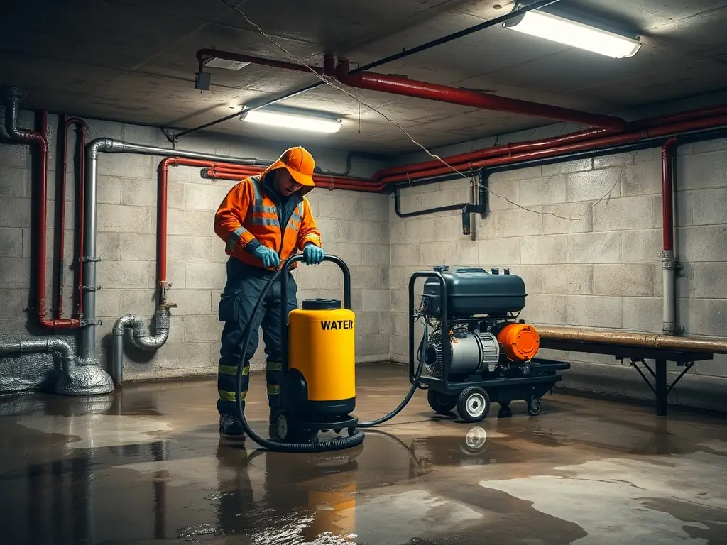 A high-resolution image depicting a flooded basement with a technician using water extraction equipment, showcasing the immediate response to water damage situations.