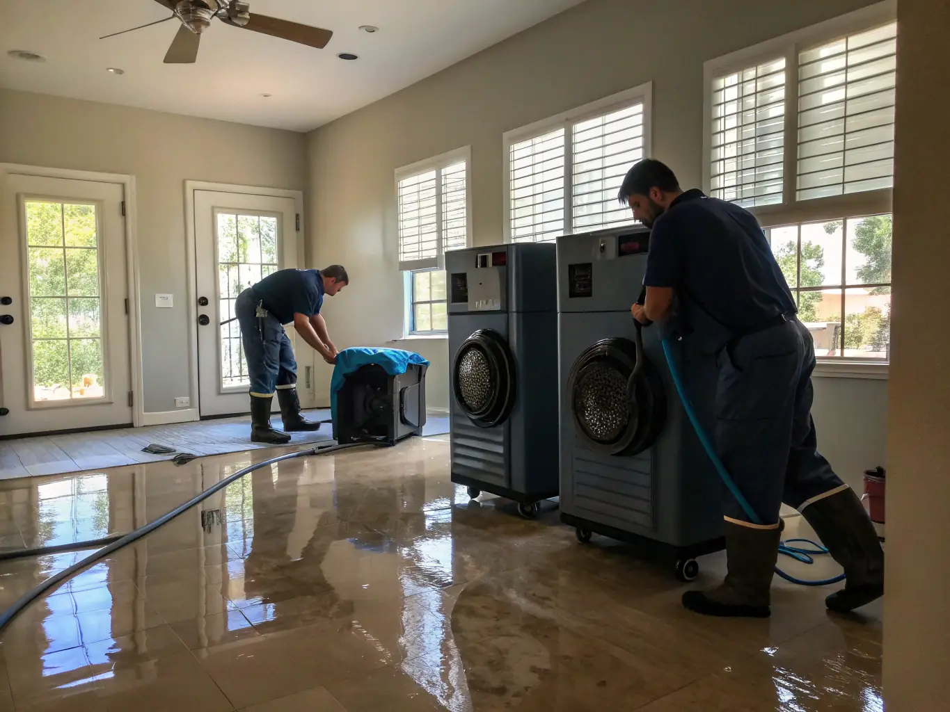 A photo showcasing TWM Water Damage Restoration Charlotte's state-of-the-art drying and dehumidifying equipment in action, restoring a commercial property after water damage.