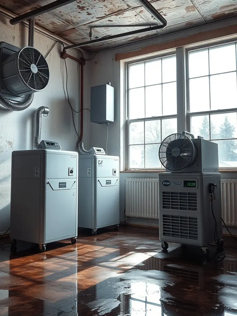 An image depicting structural drying with air movers and dehumidifiers in a water-damaged home, highlighting the technical equipment used.