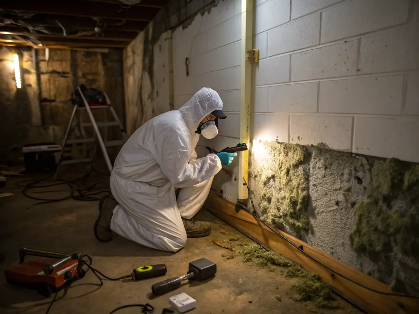 A photograph showing a technician in protective gear inspecting a wall for mold, highlighting the mold remediation process.