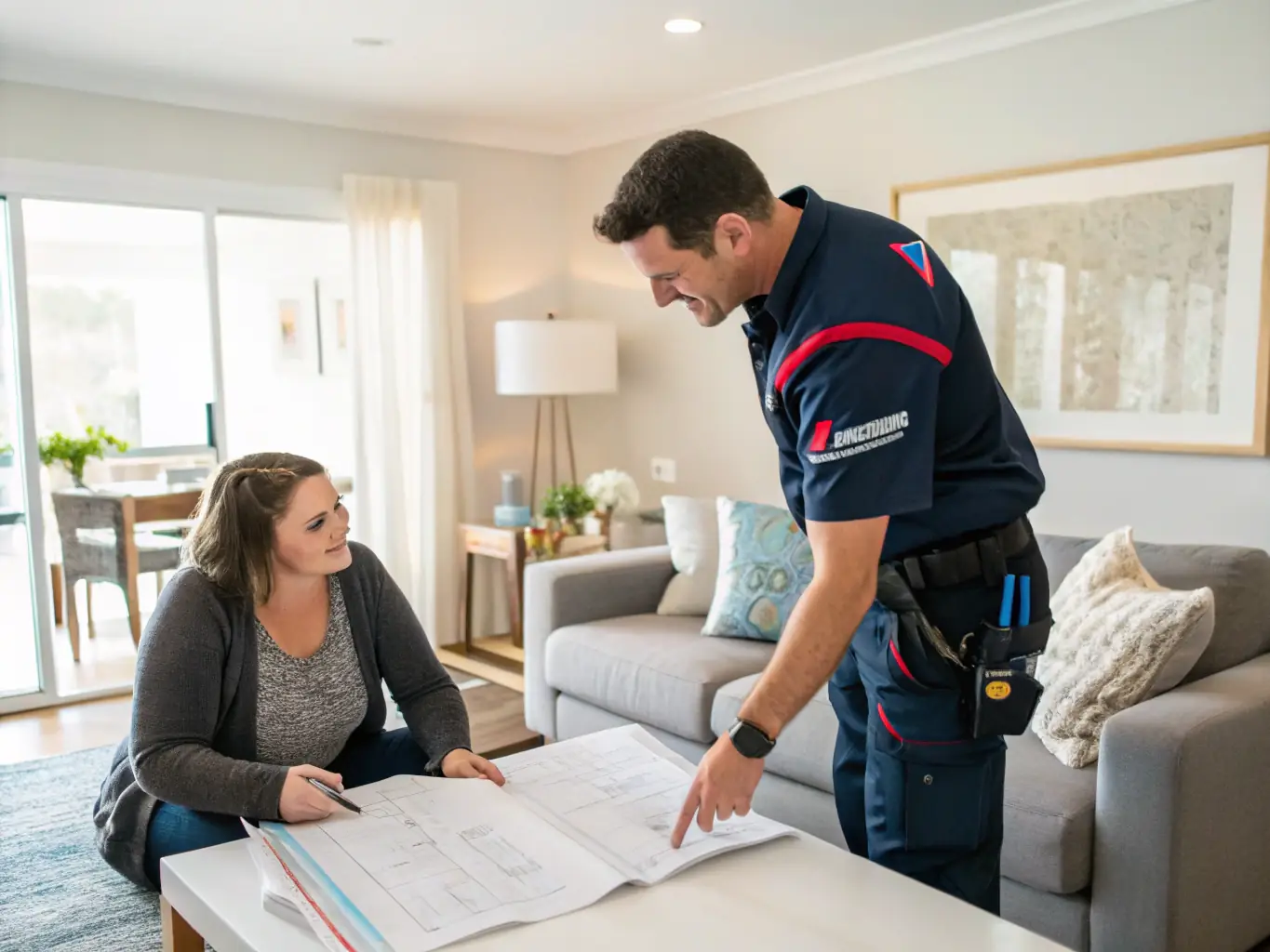 An image showing a TWM Water Damage Restoration Charlotte technician explaining the restoration process to a concerned homeowner, emphasizing clear communication and customer care.