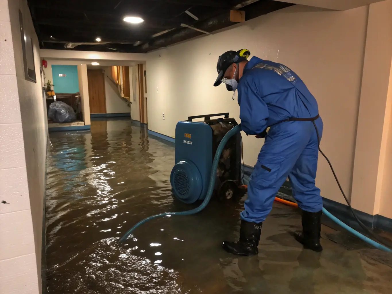 A flooded basement with a technician using a water extraction machine, showcasing the initial steps of water damage restoration.