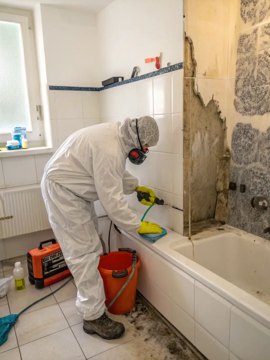 A picture showing mold remediation specialists carefully removing mold from a wall, wearing protective gear and using specialized cleaning agents.
