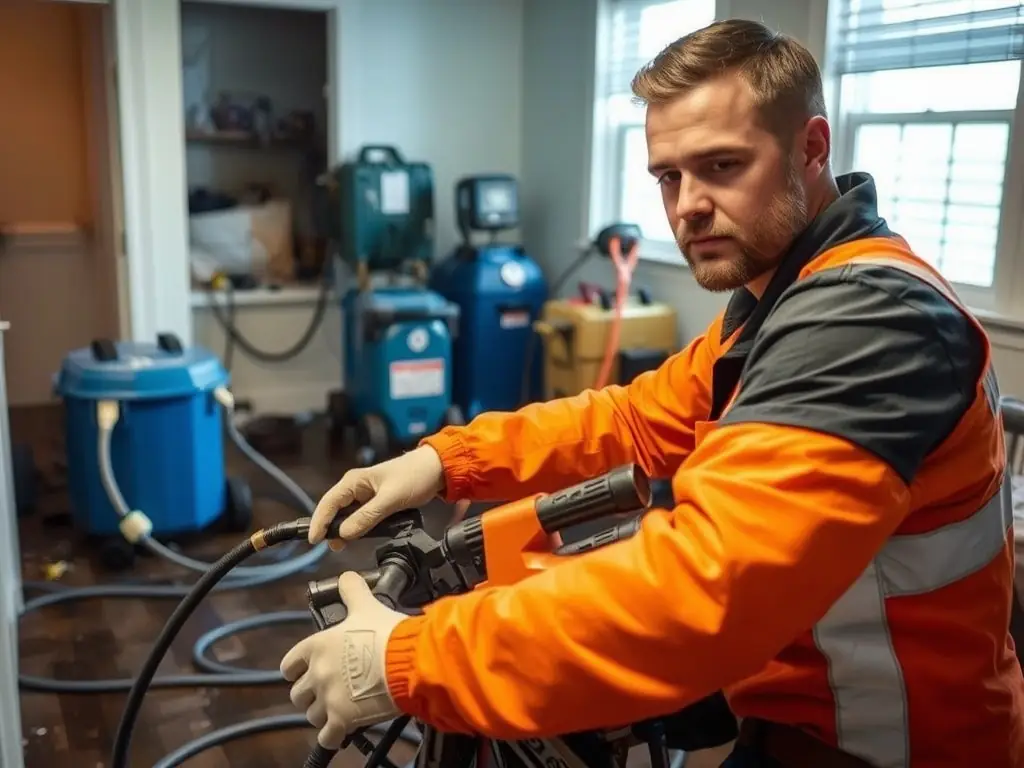 A high-resolution image depicting a TWM Water Damage Restoration Charlotte team member using advanced moisture detection equipment in a home, showcasing their expertise in identifying hidden water damage.