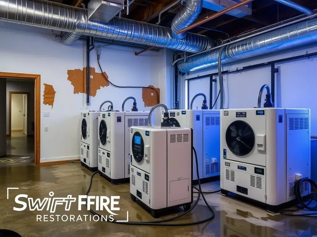 Industrial-grade dehumidifiers and air movers drying out a water-damaged structure, illustrating the structural drying process.