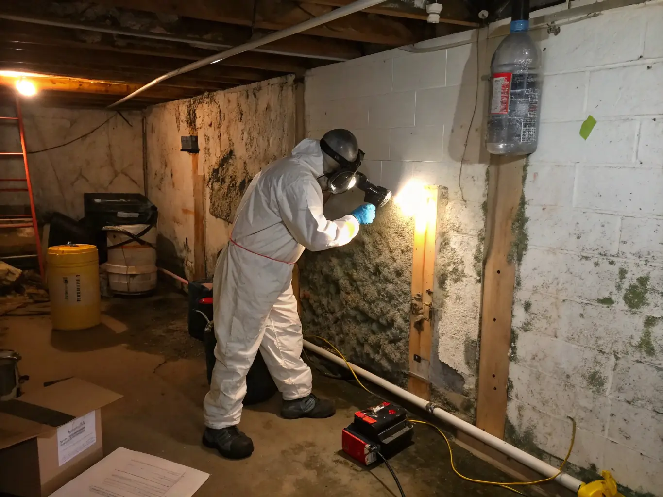 A technician in protective gear inspecting a wall for mold, highlighting the mold remediation process.
